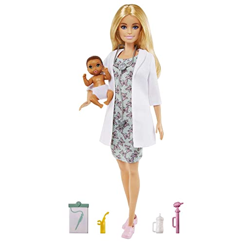 Barbie GVK03 - Kinderärztin-Spielset mit Blonder Puppe (ca. 30 cm), Babypuppe, Stethoskop, Thermometer, Oszilloskop, Klemmbrett, Decke und Babyfläschchen, tolles Geschenk für Kinder ab 3 Jahren von Barbie