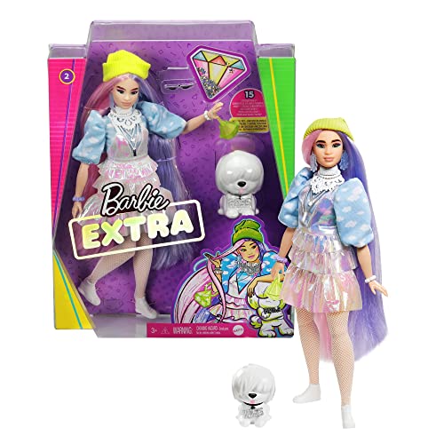 Barbie GVR05 - Extra Puppe, schimmernder Look mit Hündchen, pinken und lila Fantasiehaaren, mehrschichtigem Outfit,bewegliche Gelenke, Geschenk für Kinder ab 3 Jahren Barbie GVR05 - Extra Puppe, schimmernder Look mit Hündchen, pinken und lila Fantasiehaaren, mehrschichtigem Outfit,bewegliche Gelenke, Geschenk für Kinder ab 3 Jahren von Barbie