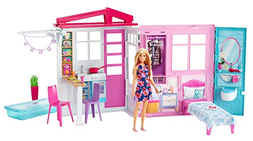 Barbie-Haus mit Küche, Schlafzimmer, Badezimmer, Pool, komplett eingerichtet Möbeln, verschließbar mit Aufbewahrungsgriff, Puppen, Geschenke für Kinder ab 3 Jahren, GWY84 von Barbie