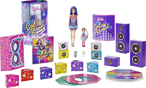 Barbie GXJ88 - Color Reveal Überraschungsparty, +50 Überraschungen: 1 Puppe, 1 Chelsea Puppe, 2 Tiere, 6 Farbwechsel, Zubehör & mehr, Tanzparty Set, Spielzeug Geschenk für Kinder ab 3 Jahren von Barbie