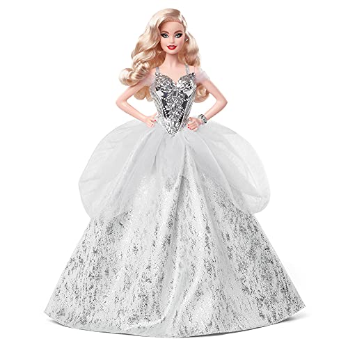 Barbie GXL21 Signature 2021 Holiday Puppe (30 cm, Blondes gewelltes Haar) im silbernen Kleid mit Puppenständer und Echtheitszertifikat, ab 6 Jahren von Barbie