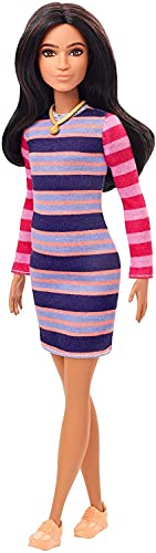 Barbie GYB02 - Fashionistas Puppe 147 (brünett) mit Streifenkleid, orangefarbenen Schuhen und Kette, Spielzeug Geschenk für Kinder ab 3 Jahren von Barbie