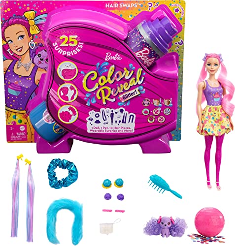 Barbie HBG39 - Color Reveal Cupcake Haarwechsel Puppe, Glitzerpink Spielset mit 25 Überraschungen rund um Haarstyling und Party, Spielzeug ab 3 Jahren von Barbie