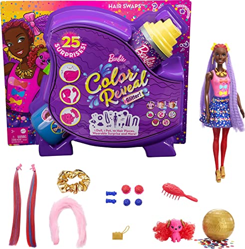 Barbie HBG40 - Color Reveal Bows Haarwechsel Puppe, Glitzerblau Spielset mit 25 Überraschungen rund um Haarstyling und Party, Spielzeug ab 3 Jahren von Barbie