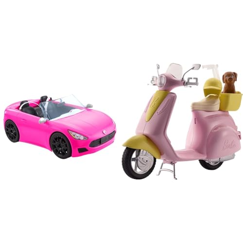 Barbie HBT92 - Cabrio-Fahrzeug, pink mit rollenden Rädern und realistischen Details, 2-Sitzer, Spielzeug Geschenk für Kinder ab 3 Jahren & DVX56 FRP56 Motorroller, pink von Barbie