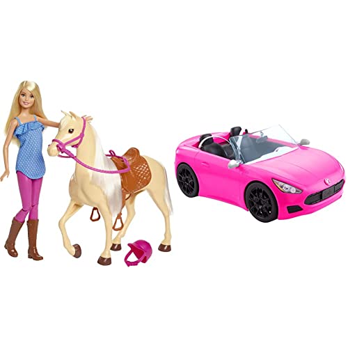 Barbie HBT92 - Cabrio-Fahrzeug, pink mit rollenden Rädern und realistischen Details, 2-Sitzer & FXH13 - Pferd mit Mähne und Puppe mit beweglichen Knien, Puppen Spielzeug und Puppenzubehör, ab 3 Jahren von Barbie