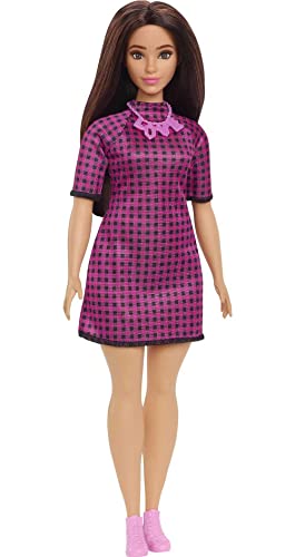 Barbie Fashionistas Puppe, Langen braunen Haaren, Kariertes Kleid, Liebeskette, rosa Schuhe, inkl. Barbiepuppe, Geschenk für Kinder, Spielzeug ab 3 Jahre,HBV20 von Barbie