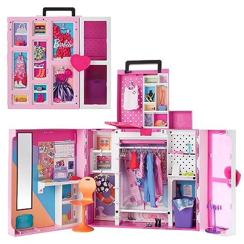 Barbie Traum Kleiderschrank Kleidung und Zubehör, 2 Etagen Wäscheschrank, Arbeitsplatz, Spiegel, 10+ Regale, 36+ Teile, 500+ Kombinationsmöglichkeiten, Geschenk für Kinder ab 3 Jahren,HBV28 von Barbie