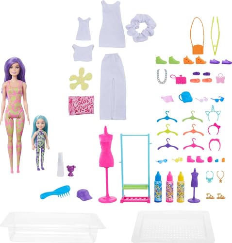 Barbie Colour Reveal Tie Dye Fashion Maker, Färbe-Set Colour Reveal, 50 Überraschungen, Chelsea-Puppe mit 35 Accessoires, als Geschenk geeignet,HCD29 von Barbie