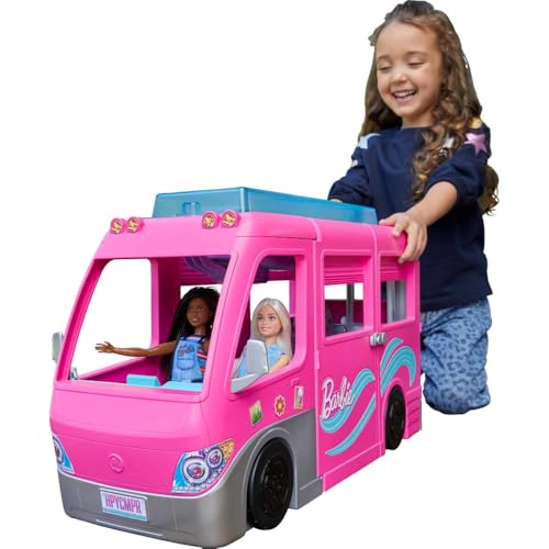 Barbie Super Abenteuer-Camper Fahrzeug, mit 7 Spielbereichen, inkl. Pool und Rutsche, 60+ Barbie-Camping-Zubehörteilen, ohne Barbie Puppe, Geschenk, ab 3 Jahren geeignet, HCD46 von Barbie