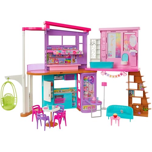 Barbie-Ferienhaus (116 x 77,9 cm), 6 Spielbereiche, komplett eingerichtet mit Barbie-Zubehör, Möbeln und Aufzug, klapp- und verstaubar, ohne Barbie-Puppe, Geschenk für Kinder ab 3 Jahren, HCD50 von Barbie