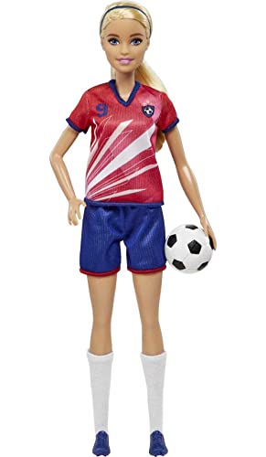 Barbie You Can Be Anything Serie, Fußballspieler, Fußballspieler mit blonden Haaren, rotem und blauem Trikot, Ball, Zubehör, inkl Puppe, Geschenk für Kinder ab 3 Jahren,HCN17 von Barbie