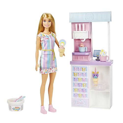 Barbie You Can Be Anything Serie, Eisdiele, 1x Barbiepuppe mit blonden Haaren, Eismaschine, Barbieknete, Backzubehör, Zubehör, Geschenk für Kinder, Spielzeug ab 3 Jahre,HCN46 von Barbie