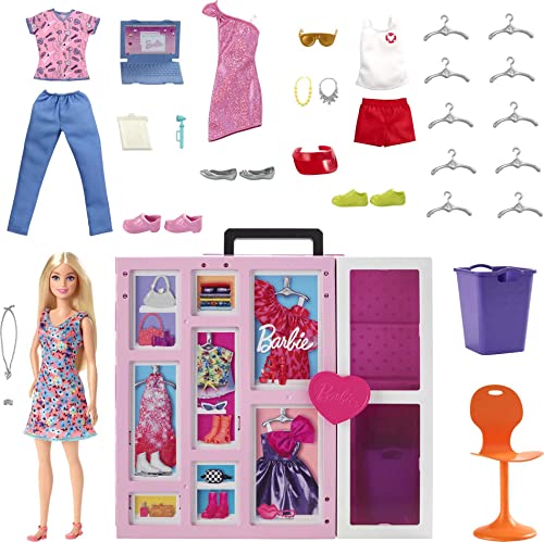 Barbie-Kleiderschrank Kleidung Und Accessoires, Mit Klapptüren Und Tragegriff, Inkl Puppe Mit Blonden Haaren, Geschenke Für Kinder Ab 3 Jahren,HGX57 von Barbie