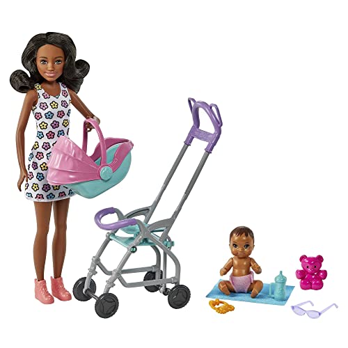 Barbie Skipper Babysitter Inc, Skipper mit schwarzen Haaren, Baby mit braunen Haaren, Kinderwagen, Babytrage, Zubehör, inkl. 2 Puppen, Geschenk für Kinder, Spielzeug ab 3 Jahre,HHB68 von Barbie