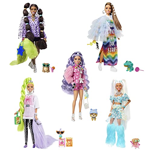 Barbie HHC58 - Extra-Set mit 5 Puppen, mit exklusiver Extra-Puppe, 70 modischen Teilen und Accessoires, 5 Tieren, extra langem Haar und beweglichen Gelenken, ab 3 Jahren von Barbie