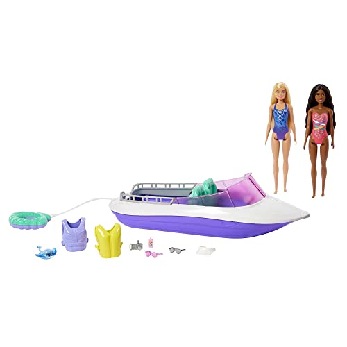 Barbie HHG60 - Meerjungfrauen Power Schnell-Boot mit 2 Puppen (blond/brünett) mit diversen Zubehör-Teilen, Spielzeug für Kinder ab 3 Jahren von Barbie