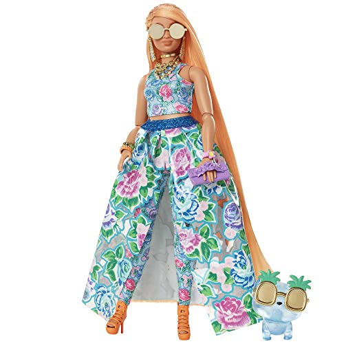 Barbie Extra Fancy, kurvige langen erdbeerblonden Haaren, zweiteiliges Outfit, blaue Katze, rosa Handtasche, Ananas-Sonnenbrille, inkl Puppe, als Geschenk geeignet,HHN14 von Barbie