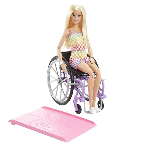 Barbie Fashionista-Puppe, Rollstuhl mit blonden Haaren und Regenbogen-Jumpsuit, Rollstuhl und Rampe, Puppe inklusive, Geschenk für Kinder, Spielzeug ab 3 Jahre,HJT13 von Barbie