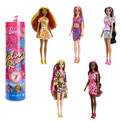 Barbie Colour Reveal, Color Reveal blonden und roten Haaren, 7 Überraschungen, Farbwechsel der Sweet Fruit Serie, 1x Barbiepuppe, Geschenk für Kinder, Spielzeug ab 3 Jahre,HJX49 von Barbie