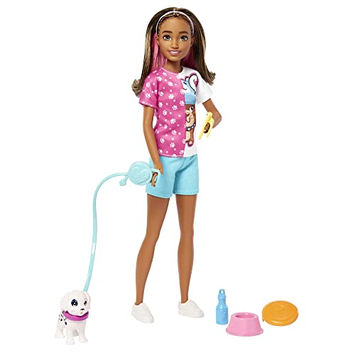 Barbie HKD77 - Skipper-Puppe und Hundesitter Spielset mit Hündchen und 5 Zubehörteilen, Puppen Spielzeug ab 3 Jahren von Barbie