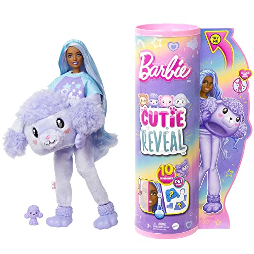 Barbie Cutie Reveal Puppe - Plüschpudel mit 10 Überraschungen, bewegliche Puppe mit zahlreichen Accessoires wie Fleece-Jacke und Körbchen für Mini-Haustier, ab 3 Jahren, HKR05 von Barbie