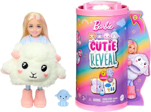 Barbie Cutie Reveal - Chelsea-Puppe mit 6 Überraschungen, Plüschlamm, Moden, Accessoires, Kuscheljacke, für Kinder ab 3 Jahren, HKR18 von Barbie