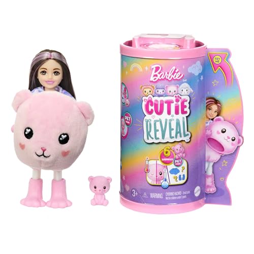 Barbie Cutie Reveal Puppe - 6 Überraschungen, Plüschtierfreunde, Moden, Farbwechselspaß, Pinker Plüschteddybär, Chelsea-Puppe, Accessoires, für Kinder ab 3 Jahren, HKR19 von Barbie