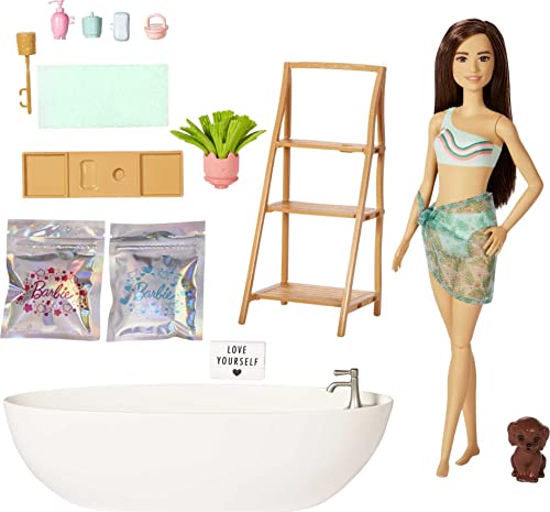 Barbie Self-Care Serie, Konfetti-Bad, Barbie-Puppe mit braunen Haaren, Badeanzug, Welpe, Badewanne, 2 Konfetti-Seifenpackungen, Barbie-Accessoires, inkl. Barbie-Puppe, als Geschenk geeignet,HKT93 von Barbie