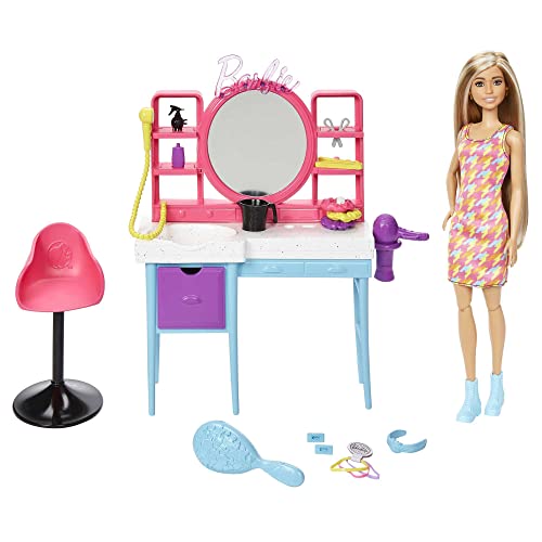 BARBIE Totally Hair Spielset - Puppe, Frisiertisch, 15+ Accessoires, Farbwechseleffekt, für Kinder ab 3 Jahren, HKV00 von Barbie