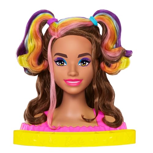 Barbie HMD80 Puppe Deluxe Styling-Kopf, Totally Hair, wellige braune Neon-Regenbogen-Haare, Puppenkopf für Haar-Styling, Color Reveal-Zubehörteile, ab 3 Jahren von Barbie