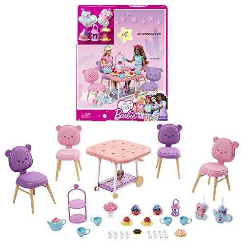 Barbie Tea Party, Meine erste Barbie-Serie, 18 Barbie-Accessoires, Plüschartikel, Servierwagen, Teeservice, Desserts, Barbie-Puppen nicht enthalten, Geschenk für Kinder, Spielzeug ab 3 Jahre,HMM65 von Barbie