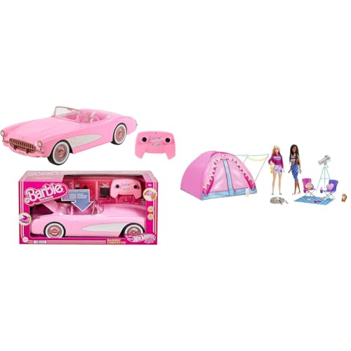 Barbie HOT Wheels R/C Corvette - ferngesteuertes Fahrzeug & Let's Go Camping Zelt, 2 Puppen, 1x blond, 1x schwarz von Barbie