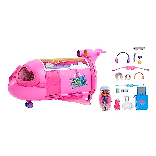 Barbie Extra Fly - Luxuriöses pinkes Flugzeug mit Mini Puppe und 15 Zubehörteilen, herzförmigen Fenstern, Regenbogenrädern, wolkenförmigen Gepäckfächern, für Extra Mini Minis Puppen, HPF72 von Barbie