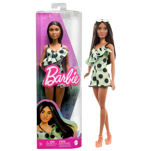 Barbie HPF76 - Kinderspielzeuge und Geschenke, braunhaarig mit gepunktetem Jumpsuit, Fashionistas, Kleidung und Zubehör, ab 3 Jahren von Barbie