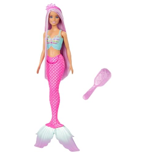 BARBIE Meerjungfrauen-Puppe - mit langen rosa Haaren und Accessoires für individuelles Styling, inklusive Bürste, wunderschönes Muscheloberteil und pinker Schwanzflosse, für Kinder ab 3 Jahren, HRR00 von Barbie