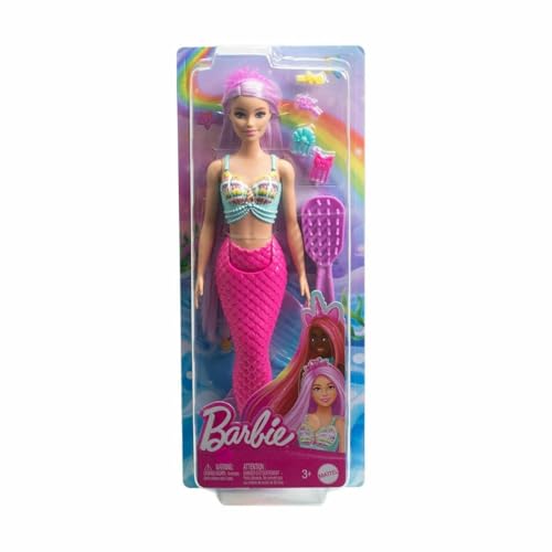 Barbie Meerjungfrauen-Puppe - mit Langen rosa Haaren und Accessoires für individuelles Styling, inklusive Bürste, wunderschönes Muscheloberteil und Pinker Schwanzflosse, für Kinder ab 3 Jahren, HRR00 von Barbie