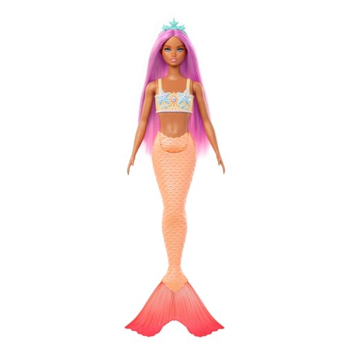 Barbie Meerjungfrau-Puppe mit fantasievollem Haar in Pink mit Haarband, Puppe mit Seestern-Oberteil und weicher orangefarbener Schwanzflosse, HRR05 von Barbie