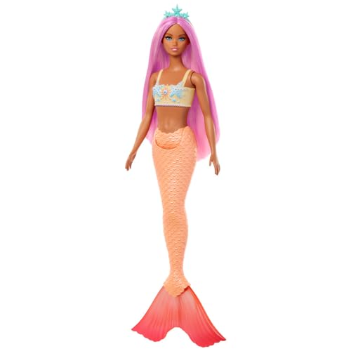 Barbie Meerjungfrau-Puppe mit fantasievollem Haar in Pink mit Haarband, Puppe mit Seestern-Oberteil und weicher orangefarbener Schwanzflosse, HRR05 von Barbie