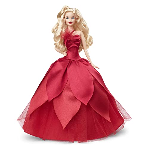 Barbie HBY03 - Signature Holiday Puppe 2022 (blonde Haare) im roten Kleid, mit rotem Lippenstift und goldenen Ohrringen, Spielzeug für Kinder ab 6 Jahren von Barbie