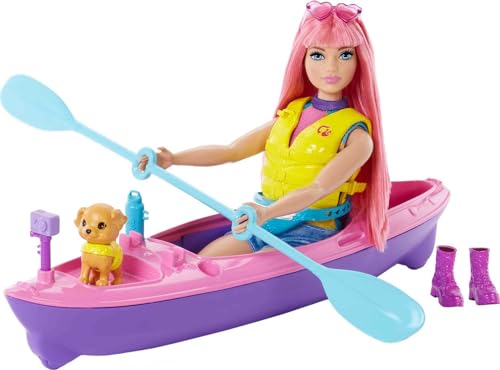 Barbie Camping Serie, Barbie-Puppe mit rosa Haaren, Kajak, Welpe, Schwimmweste, Barbie Accessoires, inkl. Barbie-Puppe, Geschenk für Kinder, Spielzeug ab 3 Jahre,HDF75 von Barbie