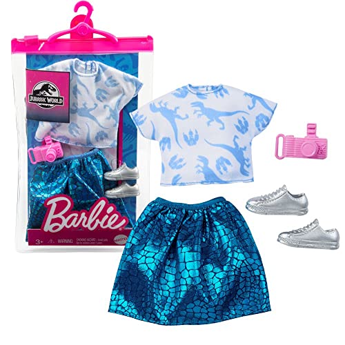 Barbie Jurassic World GRD48 Fashion-Look-Paket, türkis glänzender Rock mit Hemd, Schuhen und Kameraschuhen und Halskette (Mehrfarbig) von Barbie