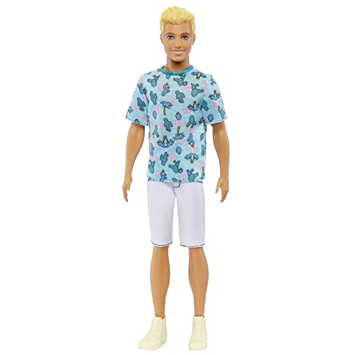 Barbie Ken Fashionistas Puppe - T-Shirt mit Kaktus- und Palmenaufdruck, weiße Shorts und hohe Turnschuhe, perfekt für Abenteuer mit Freunden und Stadtbummel, für Kinder ab 3 Jahren, HJT10 von Barbie