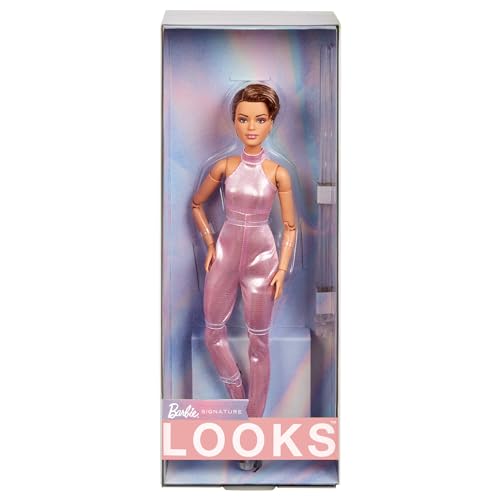 Barbie Looks Puppe, Sammelfigur Nr. 22 mit Pixie-Cut und moderner Y2K-Mode, paillettenbesetzter Pinker Neckholder-Jumpsuit mit silbernen High Heels, HRM14 von Barbie