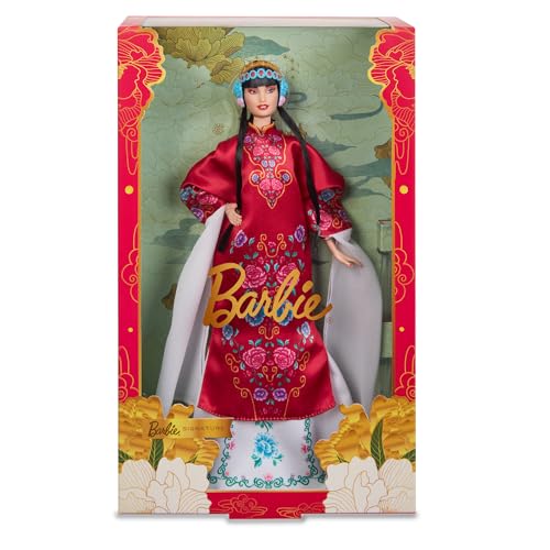 BARBIE Lunar New Year Barbie Puppe - Traditionelles Kleid in glücksbringendem Rot mit Pfingstrosenmuster, cyanblaue Schuhe mit pinken Troddeln, inspiriert von der Peking-Oper, HRM57 von Barbie