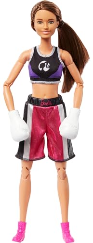 Barbie Made to Move Puppe und Accessoires, brünette Boxerin mit abnehmbarem Sportdress mit Boxhandschuhen, 22 bewegliche Gelenke, HRG40 von Barbie