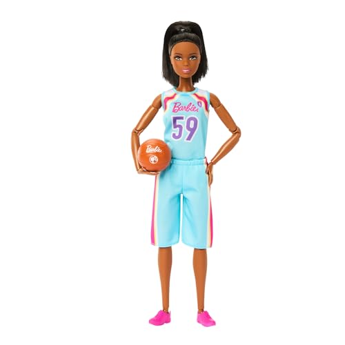 Barbie Made to Move Puppe und Accessoires, brünette Basketballspielerin mit abnehmbarem Sportdress mit Ball, 22 bewegliche Gelenke, HKT74 von Barbie