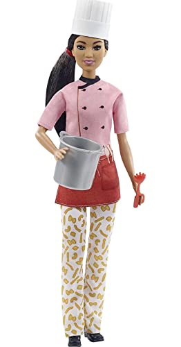 Barbie GTW38 - Pastaköchin-Puppe (ca. 30 cm) mit buntem Oberteil, Hose mit Nudel-Aufdruck, Kochmütze, Topf und Pasta-Schneider, Spielzeug Geschenk für Kinder ab 3 Jahren von Barbie