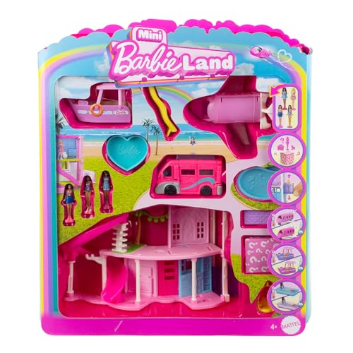 Barbie Mini BarbieLand Traumvilla und 3 Fahrzeuge, Spielset mit 4 ca. 3,8 cm großen Puppen, Puppenhausmöbeln und -zubehörteilen, enthält DreamCamper, Boot und Flugzeug, JDB86 von Barbie