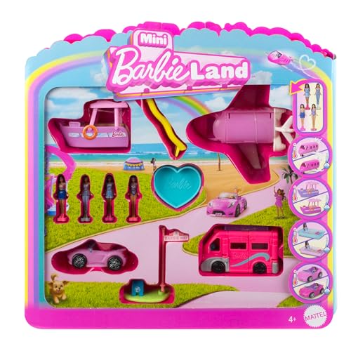 Barbie Mini BarbieLand 4er-Set Puppen- und Spielzeugfahrzeugset mit 4 ca. 3,8 cm großen Barbie-Puppen und 4 kultigen Spielzeugfahrzeugen mit überraschendem Farbwechsel, JDB85 von Barbie